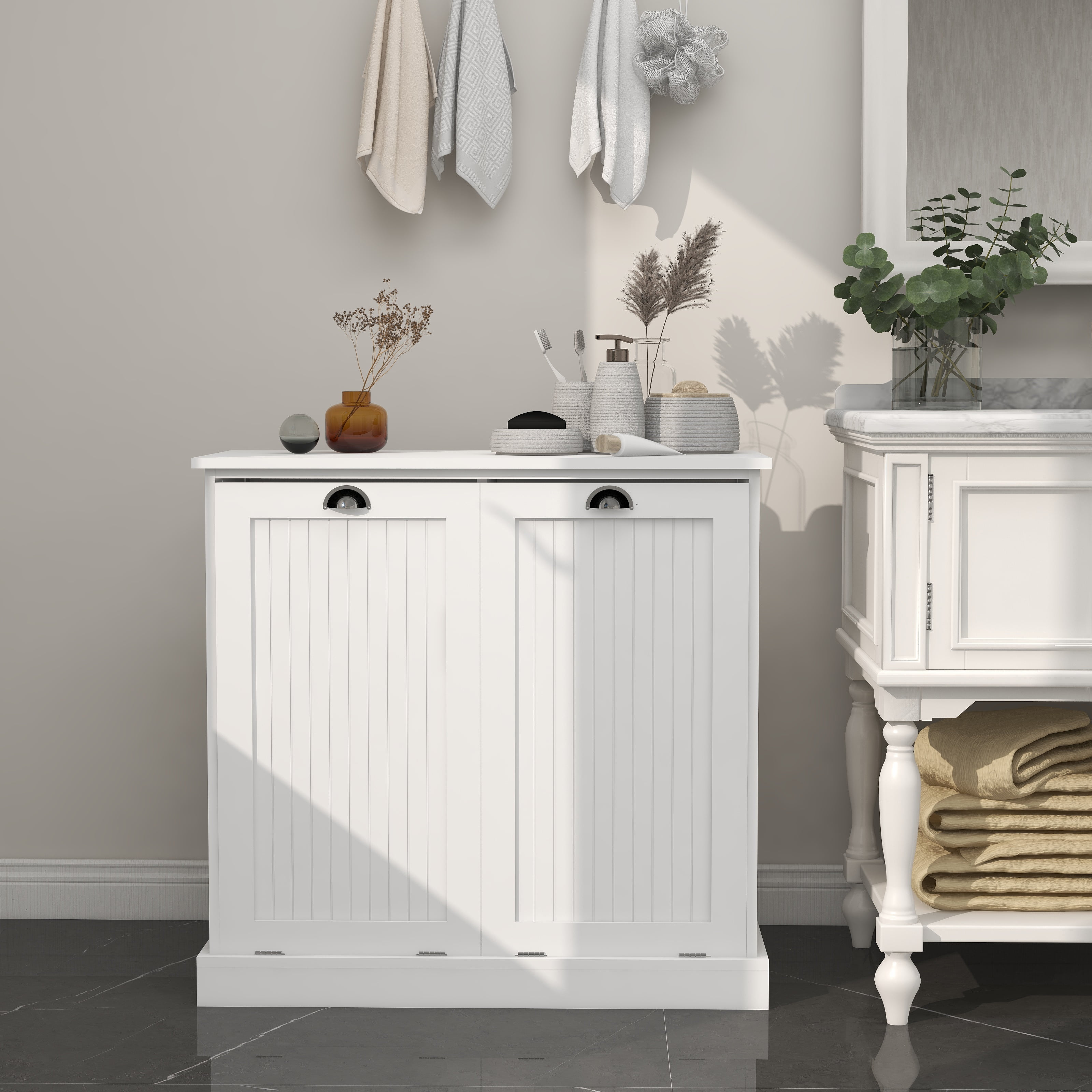 Aukfa Double Tilt Out Laundry Hamper Cabinet,Bathroom Laundry Cabinet with Basket,White