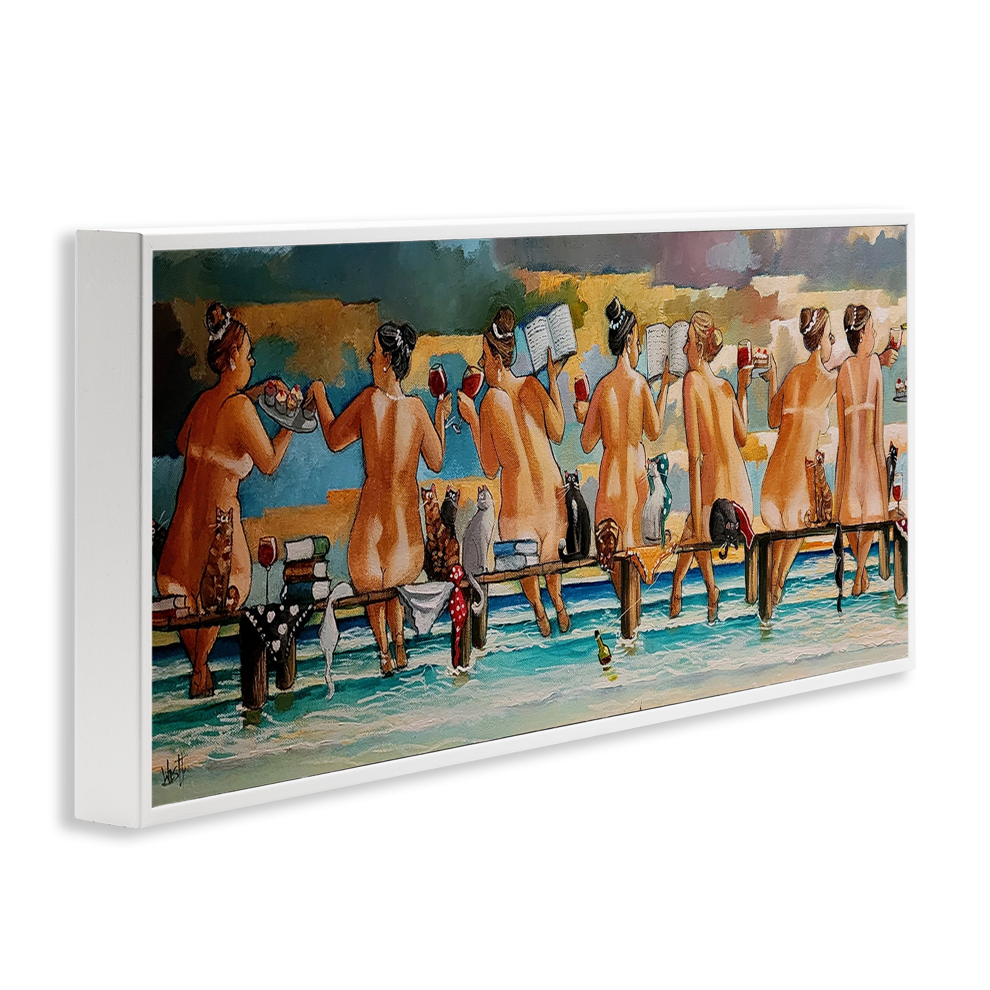 Wine, Books And Cats Jetty White Framed Giclee Art, design by Ronald West