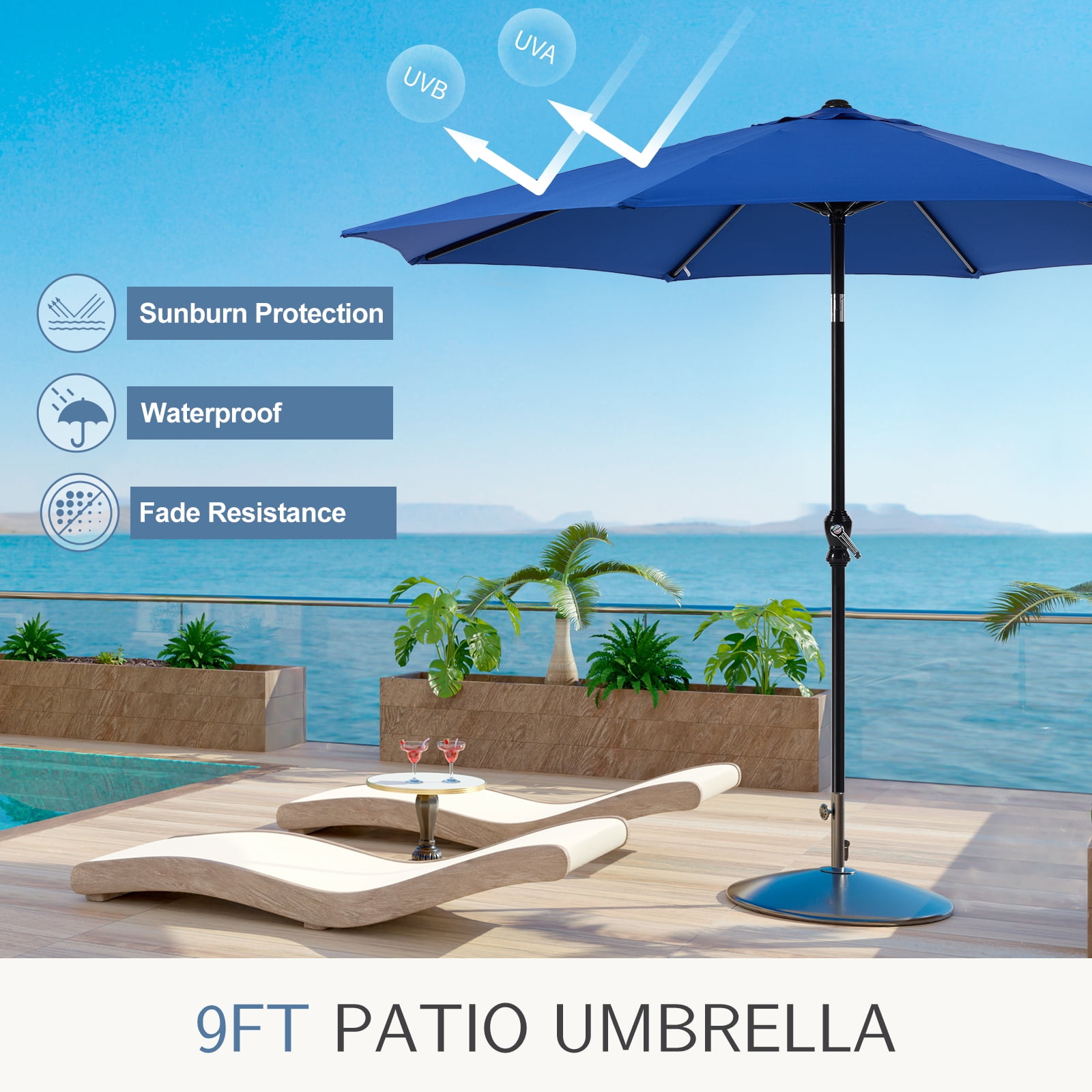 EDX 9FT Outdoor Patio Umbrella with Push Button Tilt and Crank Handle, Market Umbrella with 8 Sturdy Umbrella Ribs, UV Protection, Waterproof, Blue