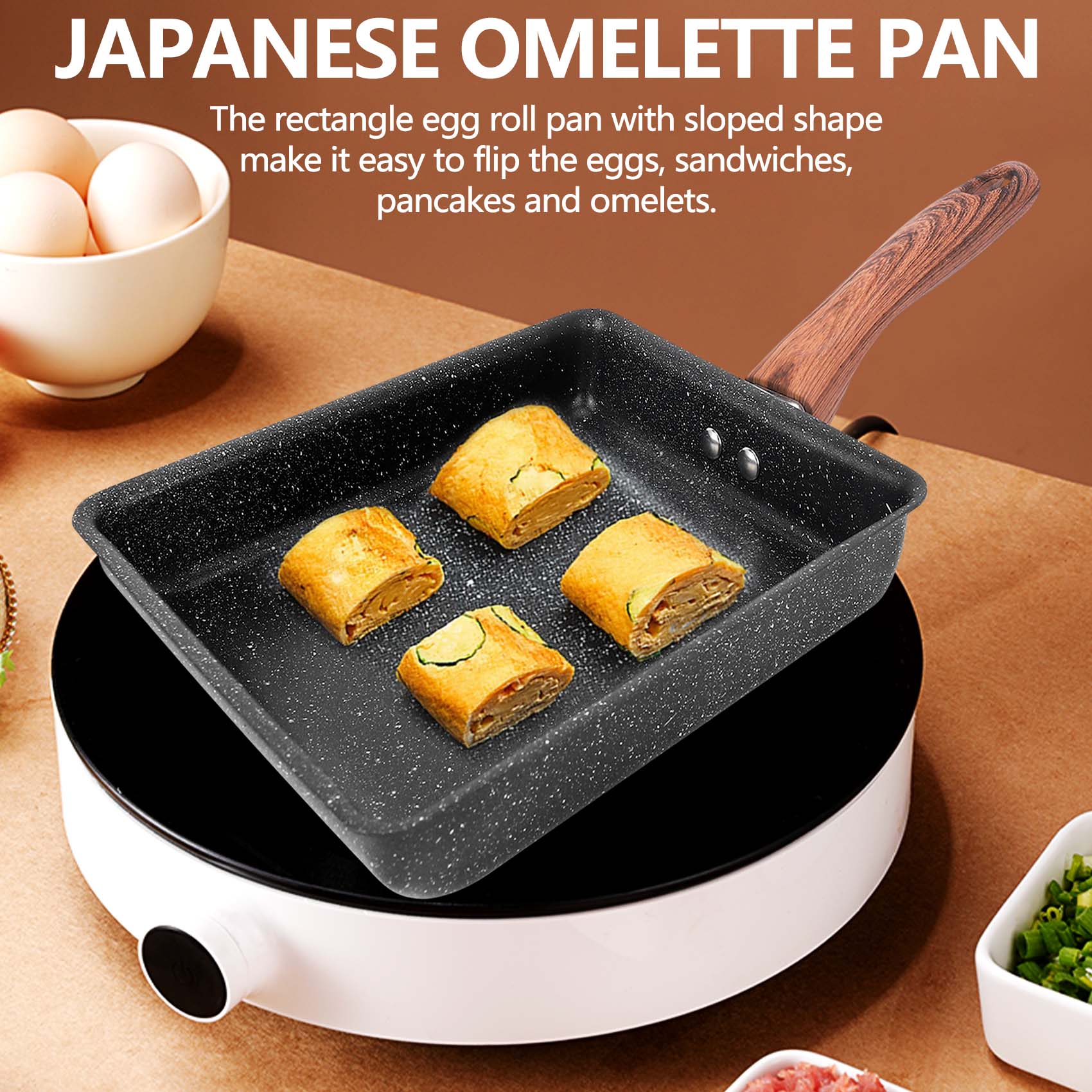 Cheap Japanese Omelette Pan Maifan Stone Non-stick Egg Roll Pan Frying Pan  With Wood Handle for Baby Kids