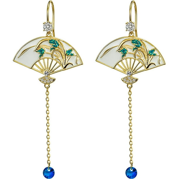 Pendientes de abanico asimétricos, pendientes de gota sectorial, pendientes colgantes de abanico pequeño, bonitos aretes étnicos retro, joya azul -