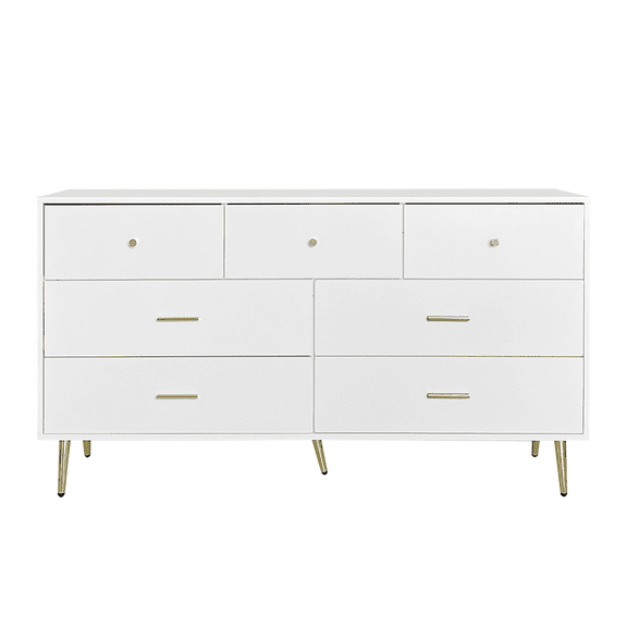 Kepooman Chest of Drawers,Drawer Chest,Dressers,Seven Drawers Large Chest of Drawer Cabinet with Golden Handle and Golden Legs White Color