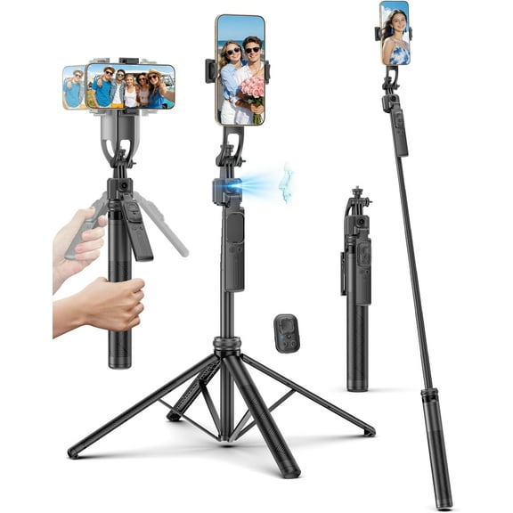 64'' Auto Face Tracking Tripod 360 Rotation with Stand, Handheld Stabilization, Aluminum Quadrapod Selfie Stick Phone Tripod with Remote Compatible with iPhone, Android for TikTok, Live Streaming