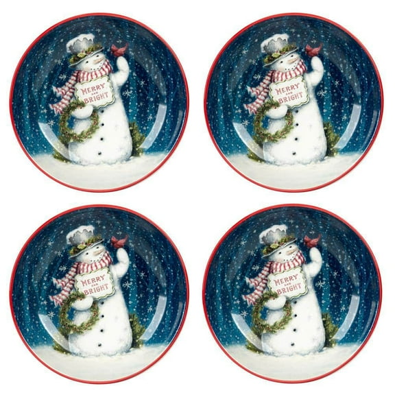 38 fl. oz. Multi-Colored Earthenware Snowman Greetings Soup and Pasta Bowls (Set of 4)