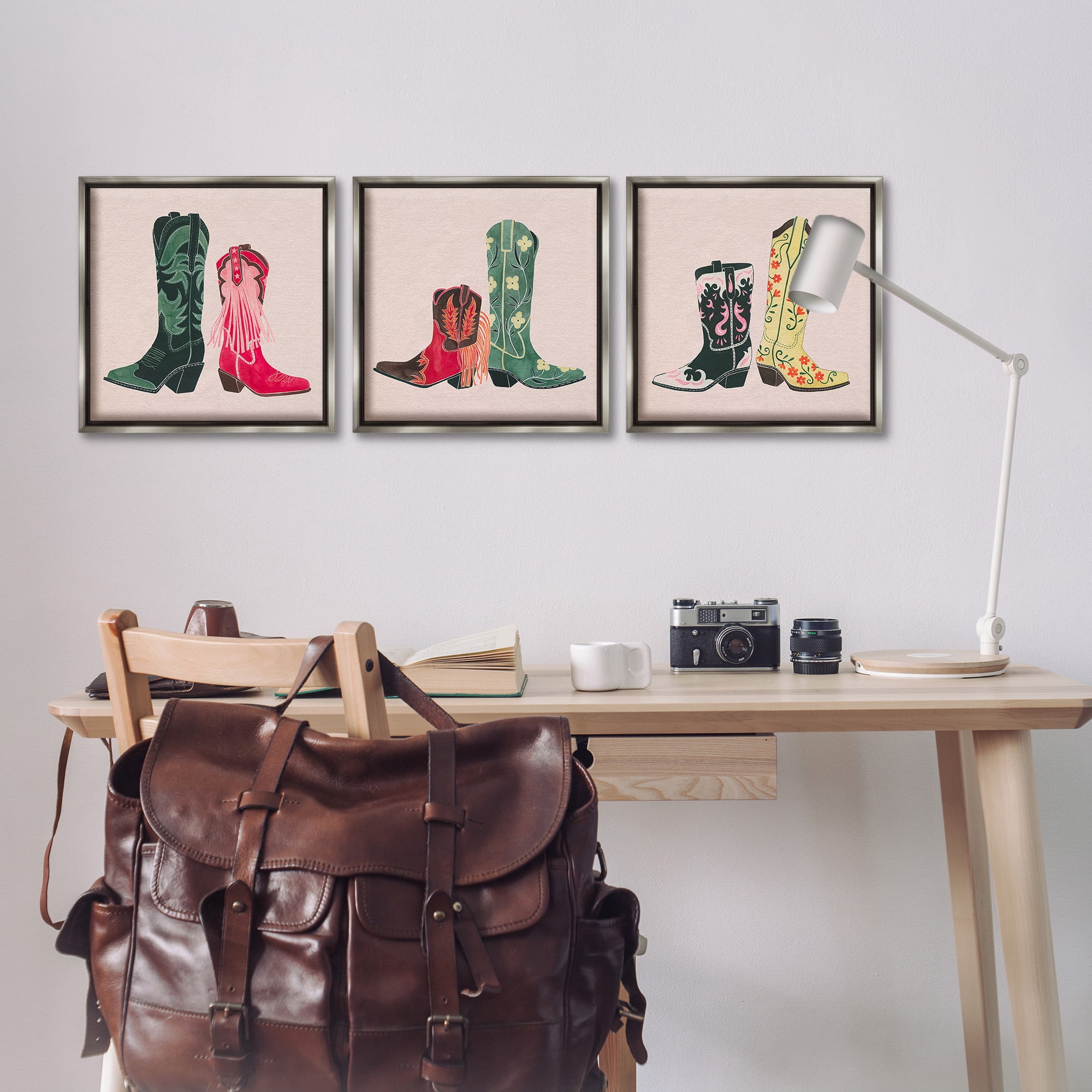 Stupell Industries Trendy Cowgirl Boots Beauty & Fashion Painting Gray Floater Framed Canvas Art Print Wall Art, 18 x 18, Set of 3