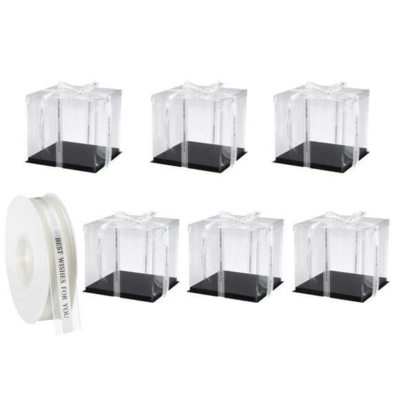 Clear Cake Box, 6Pcs 10"x10"x10" - Tall Cake Boxes with Ribbon for 8 Inch Cake Packing Carry - for Birthday (Black)
