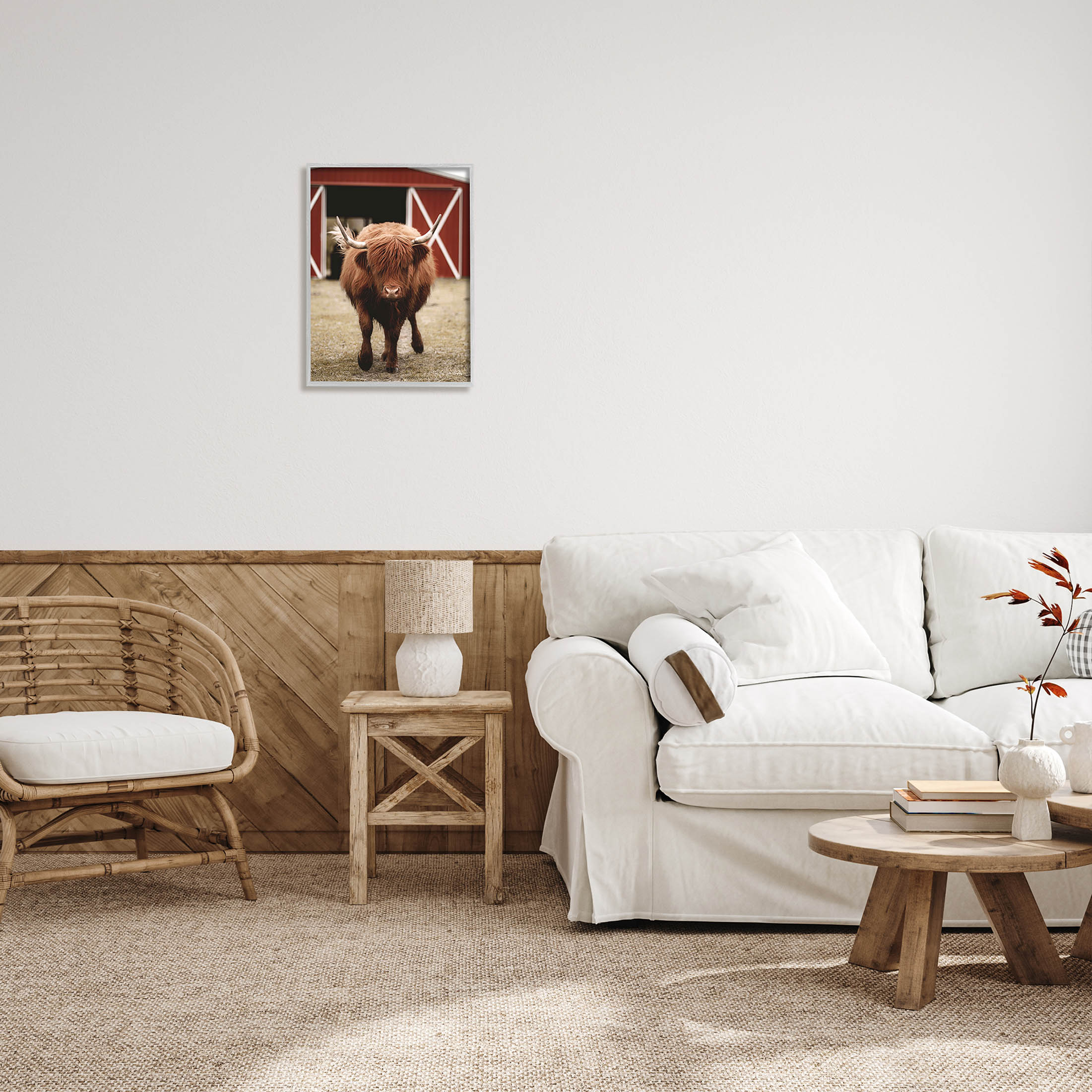 Stupell Industries Trotting Highland Cattle Bold Red Barn Photograph Gray Framed Art Print Wall Art, Design by Dakota Diener