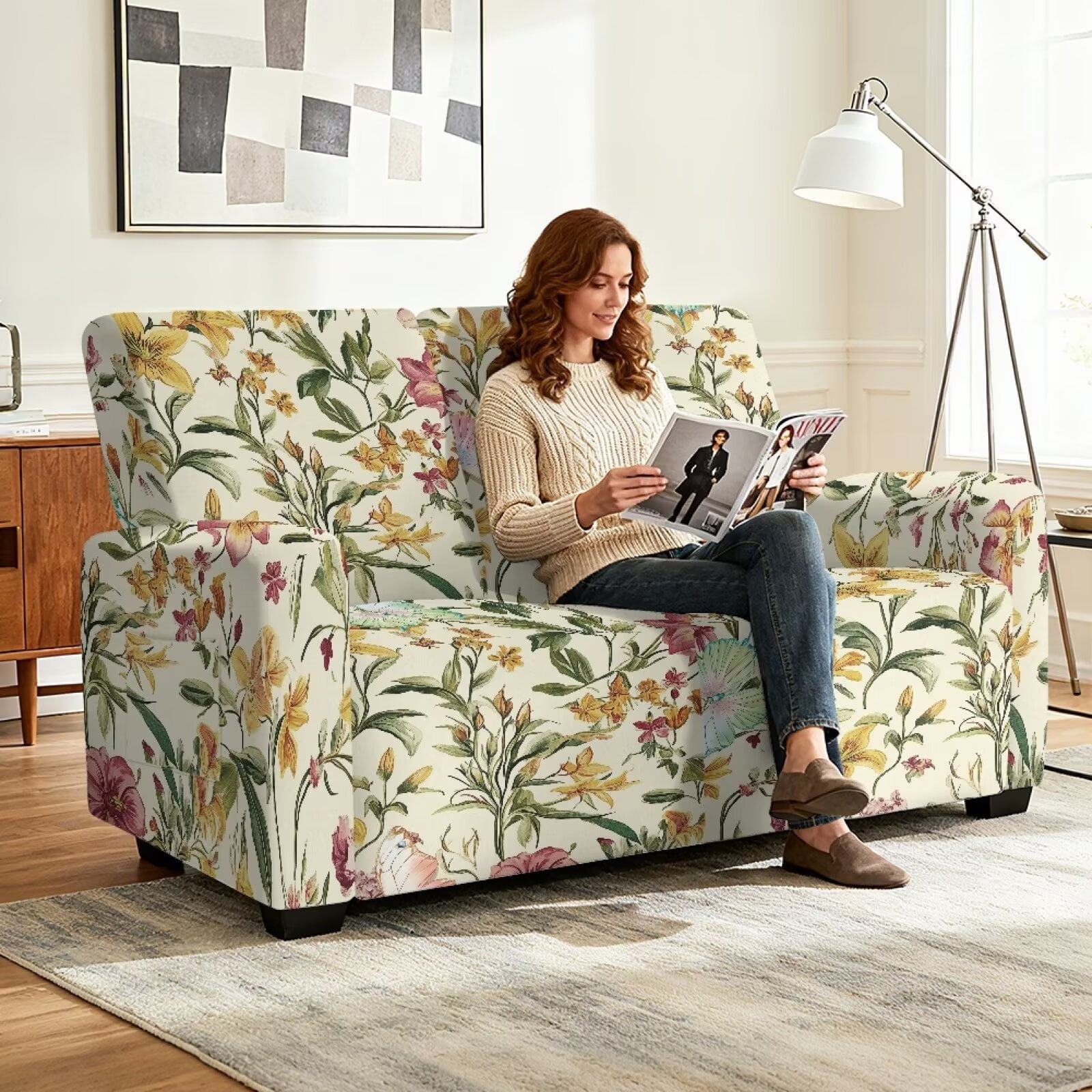 Yuyamidu Floral Print Loveseat Recliner Covers 2 Seater Stretch Recliner Loveseat Slipcover with Pockets Easy to Install Reclining Couch Covers Gift for Friends