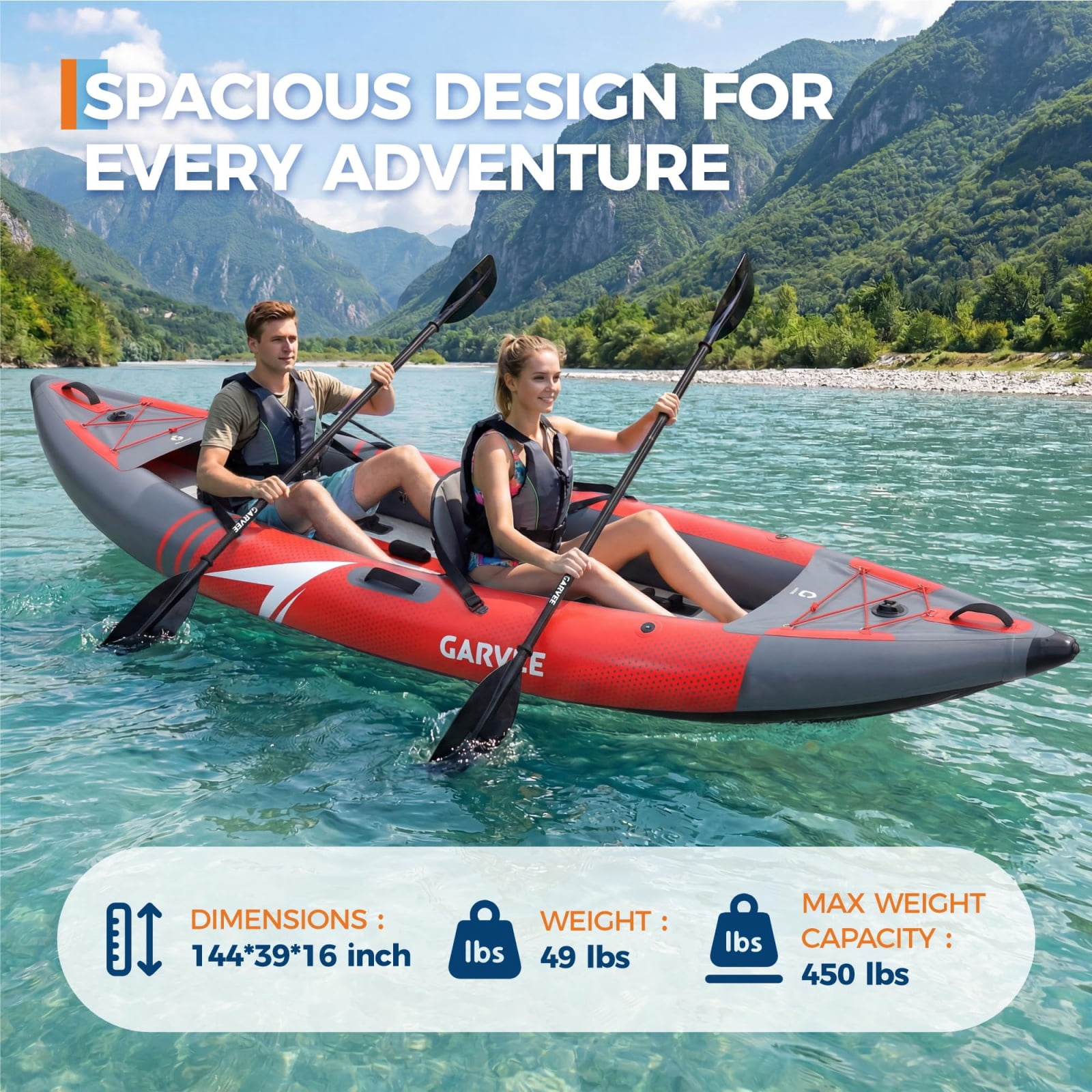 AIKKYS 2 Person Inflatable Kayak,12.5FT Fishing Kayak for Adults,Portable Touring Kayak with Padded Seats,3 Fins,Hand Pump,Carry Bag,450 LBS Capacity,Red & Grey