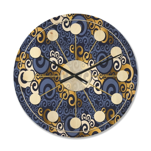 Designart 'Retro Luxury Waves In Blue and Gold III' Mid-Century Modern Wood Wall Clock