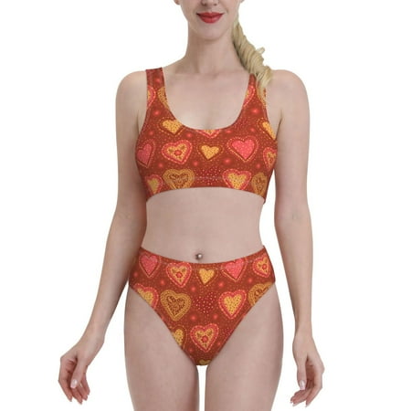 Bixox Flower Hearts Pattern Two-Piece Sports Bikini with U-Shaped Top and High-Waist Bottom - Women s Swimwear with Removable Bra Pads