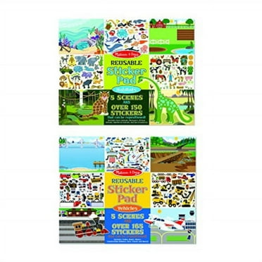 melissa & doug reusable sticker pad set 2-pack, vehicles, habitats, extra-large sticker activity pads, removable backgrounds, 150  cling-style stickers in each, 14.05 h 11.05 w 0.2 l