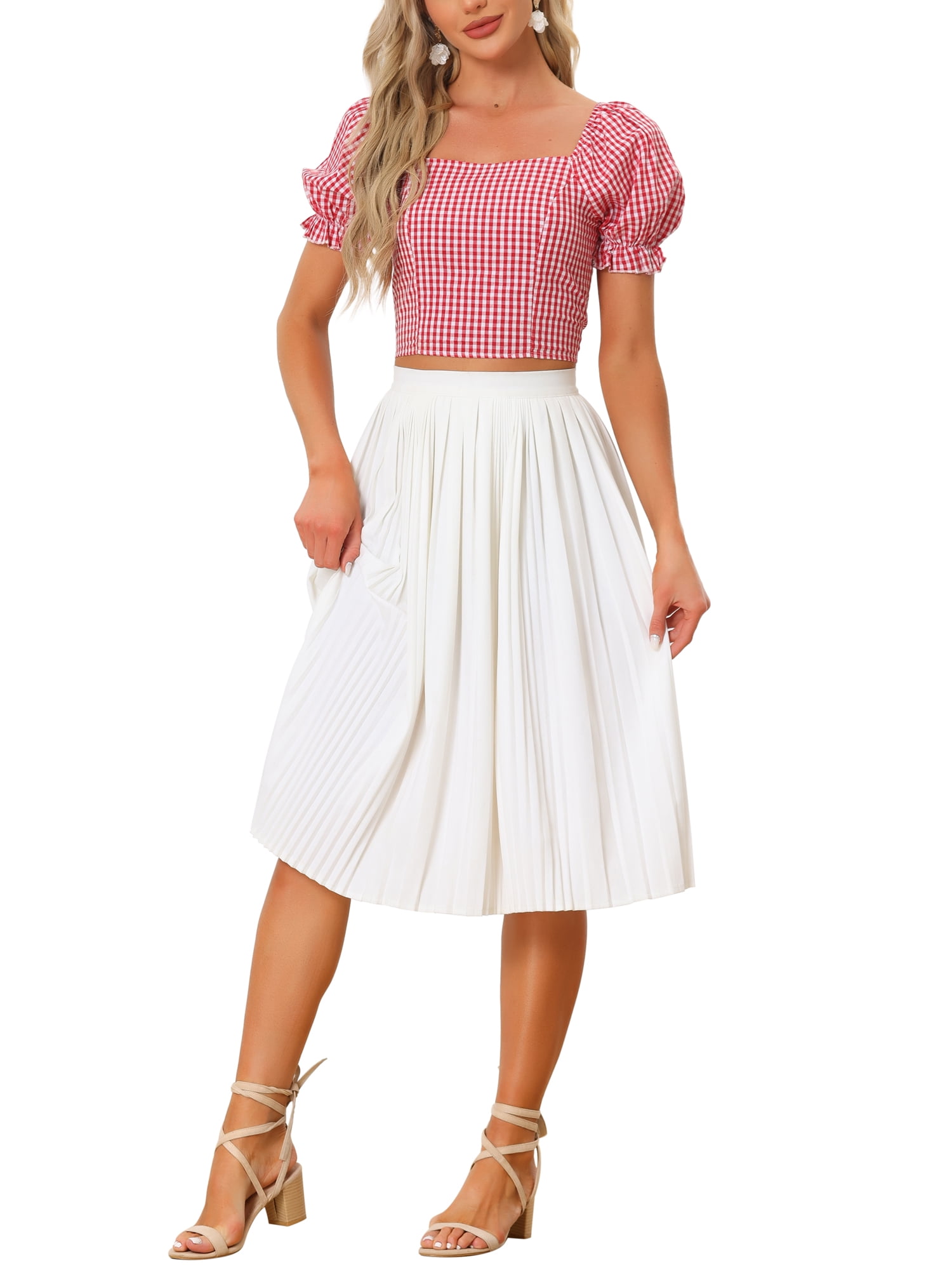 INSPIRE CHIC Gingham Blouse for Women's Summer Puff Sleeve Smocked
