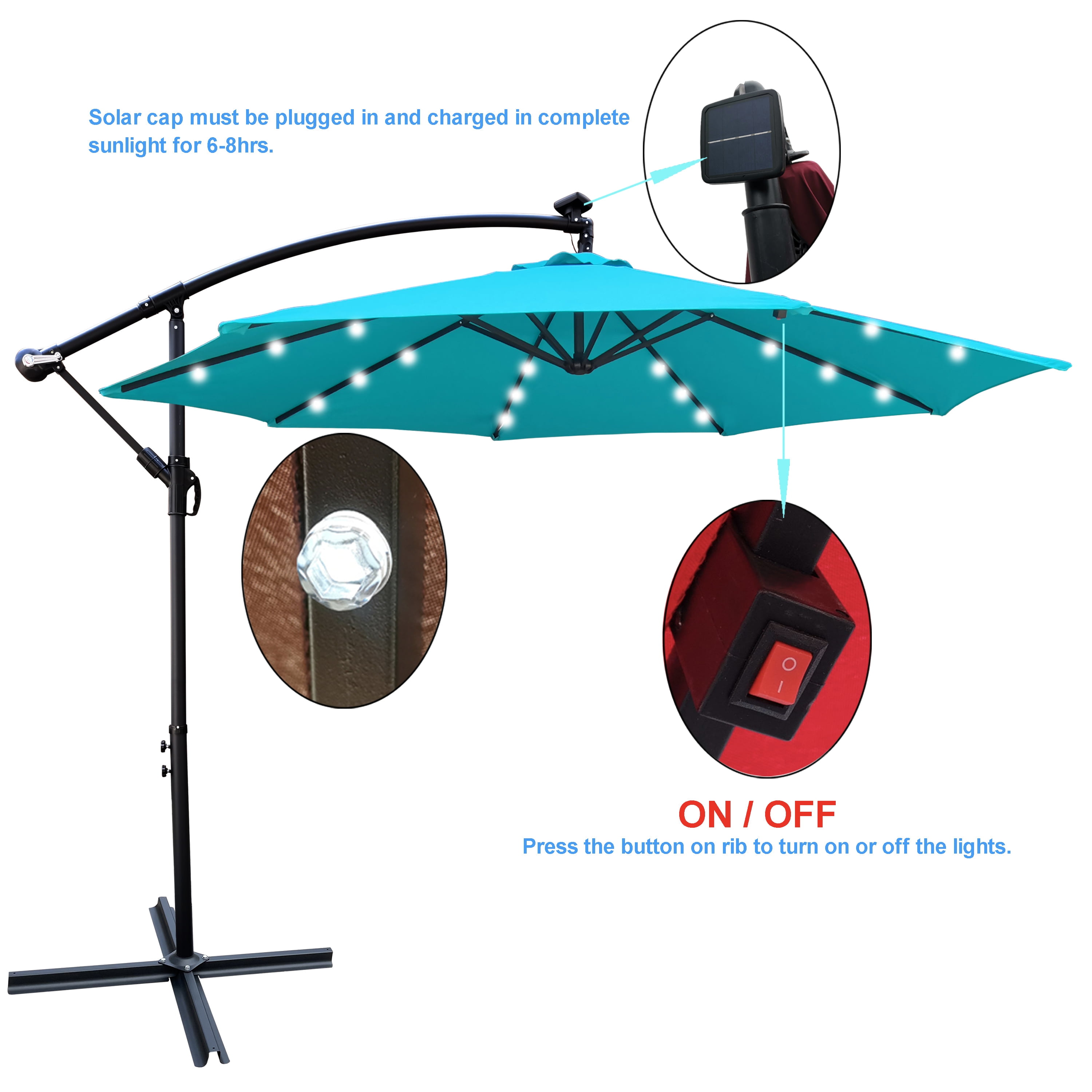 Royard Oaktree 10FT Patio Offset Umbrella w/Solar LED Lights Outdoor Cantilever Hanging Umbrella w/Crank & Cross Base UV Protection Sun Shade for Market Garden Lawn Deck Backyard Pool,Turquoise