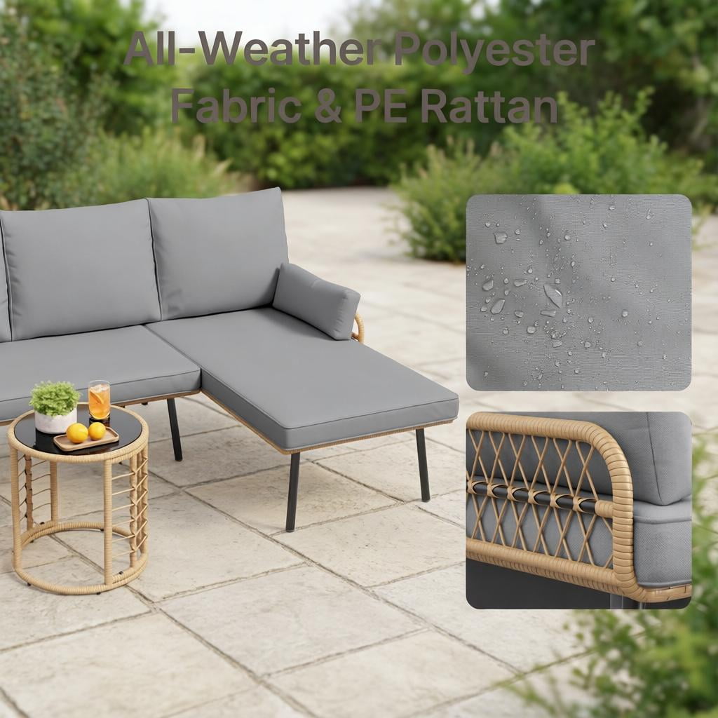 Aiho 3 Pieces Outdoor Patio Furniture Set, All weather PE Wicker L-shaped Outdoor Sectional Sofa with Tea Table & Soft Cushions, Perfect for Patio, Poolside, Gray