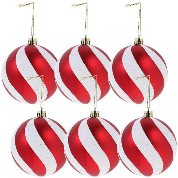 ETHZZLE Set of 6 Red and White Striped Plastic Christmas Baubles Ornaments for Tree Decoration
