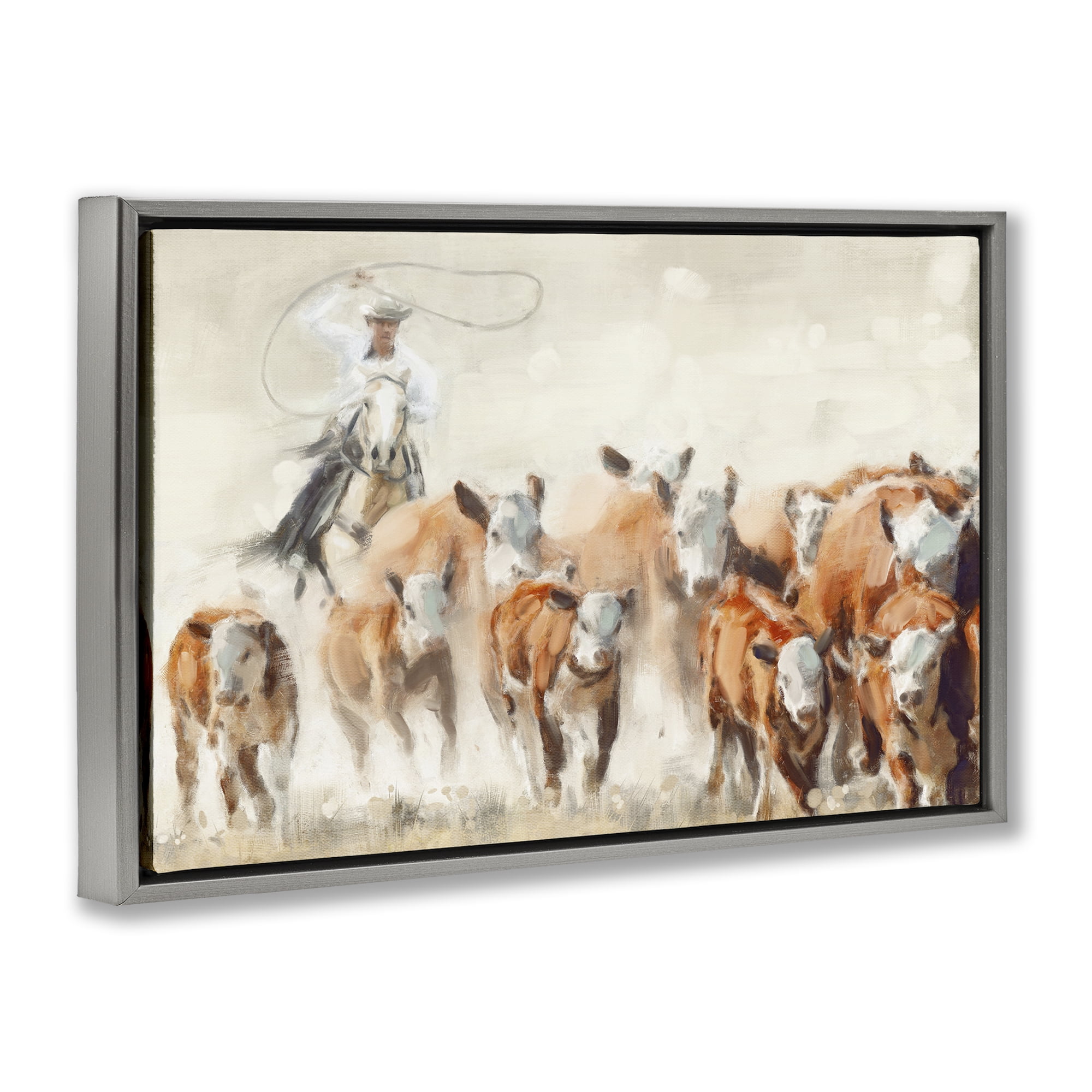 Stupell Industries Cowboy Cattle Roundup Animals Painting Gray Floater Framed Canvas Art Print Wall Art, 25 x 17