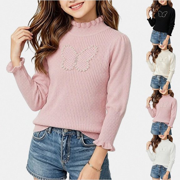 WAVSUF Kids Girls Knitted Sweater, Soft Comfort Ruffle Mock Neck Long Sleeve Winter Base Casual Undershirts Pink 7-8