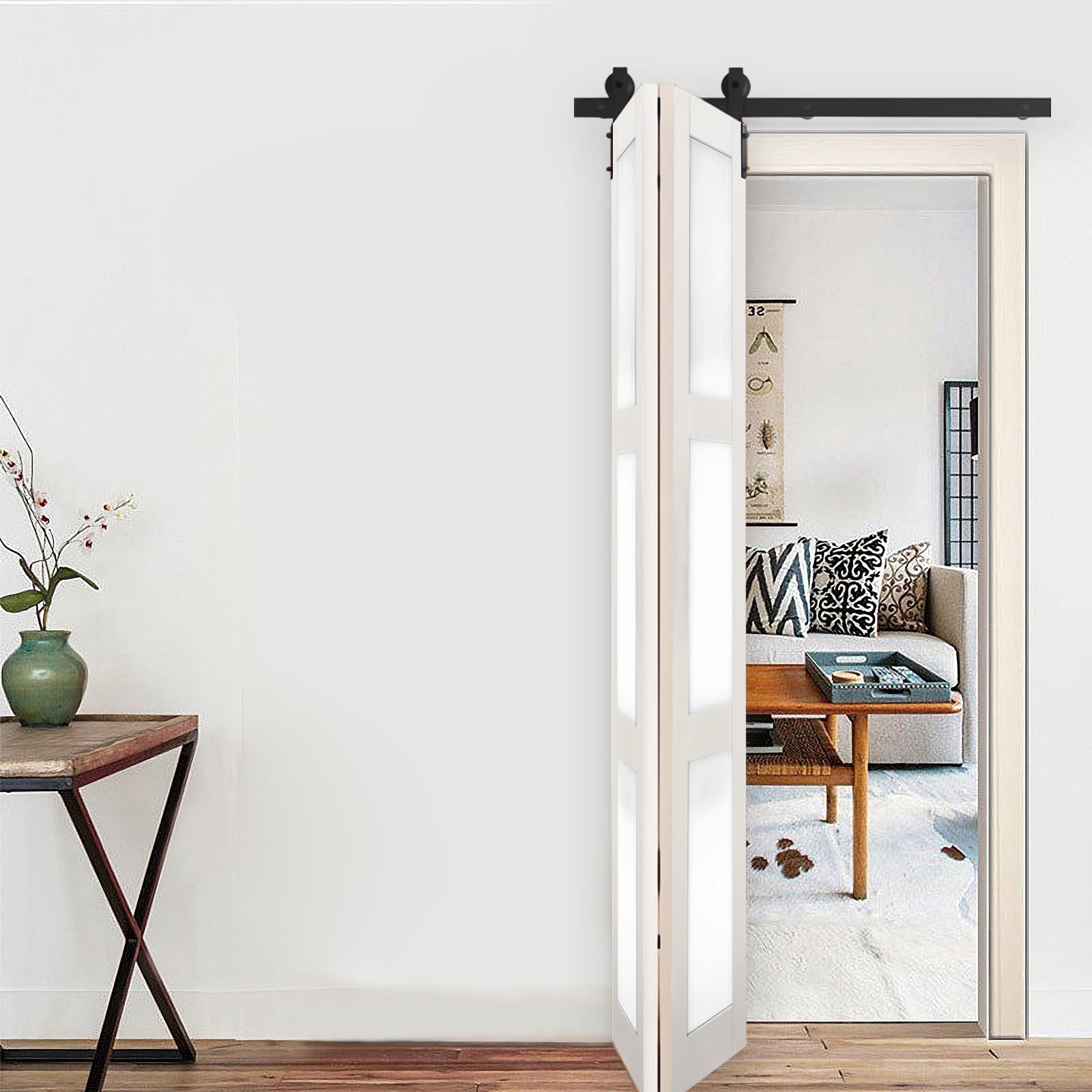 40" Bi-Folding Sliding Barn Door Hardware Kit for 2 Doors,Smoothly&Quietly,Black Track J Shape Roller
