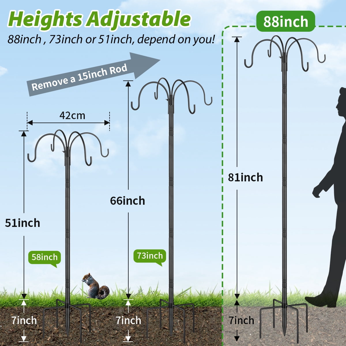 KOLAKO Bird Feeder Poles, 225cm Extra Tall Bird Feeding Stations, Heavy Duty Shepherds hook Stand and Hangers for Garden Free Standing