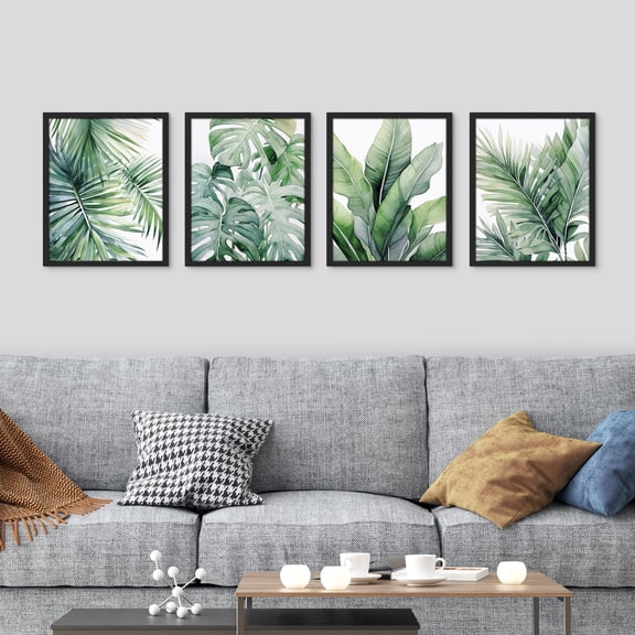 PixonSign Framed Wall Art Tropical Jungle Plants Green Leaves Prints, Set of 4 Nature Wildernes Paintings, Minimalism Wall Décor, Adhesive Canvas Poster for Home Decor - 12"x16" Black
