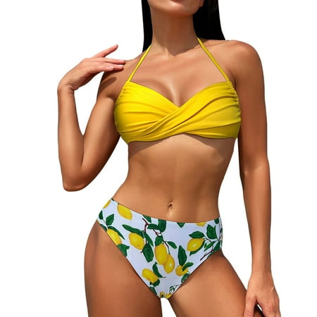 Zszcpp 2Pc Sexy Bikinis For Women Bathing Suits Floral Leaf Print Halter Trendy Three Point Off Back Tie Funny Swimwear Holiday Vacation Young Adult Swimsuits
