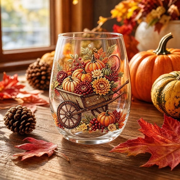 Tuvgenk Fall Embroidery Print Stemless Wine Glass with Pumpkin and Wheelbarrow Design Transparent Drinking Cup for Thanksgiving Decor