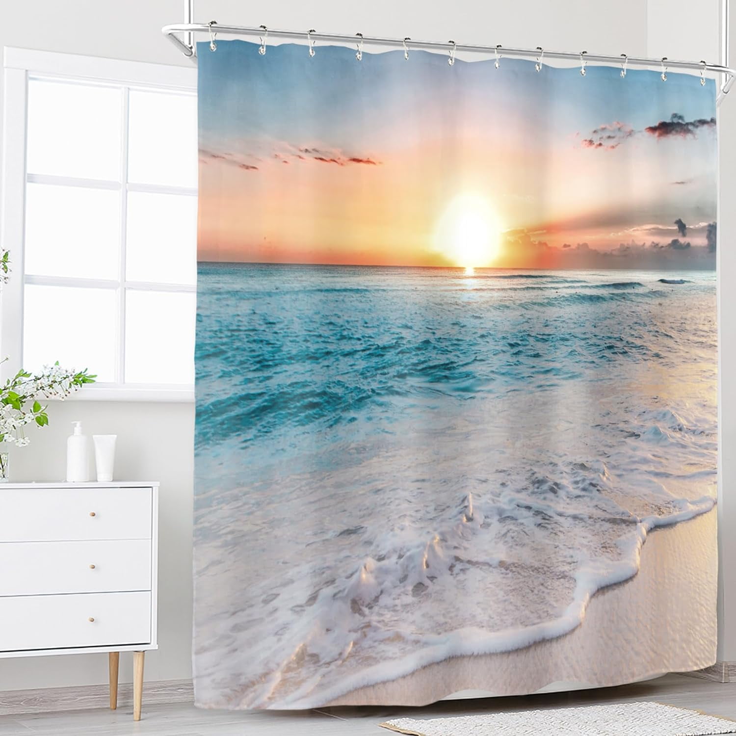 Beach Hawaiian Sea Sunset Shower Curtain for Bathroom Decor 72Wx72H Ocean Wave Sunrise Tropical Coastal Seaside Summer Scenery Art Printed Fabric Polyester Waterproof 12 Pack Plastic Hooks