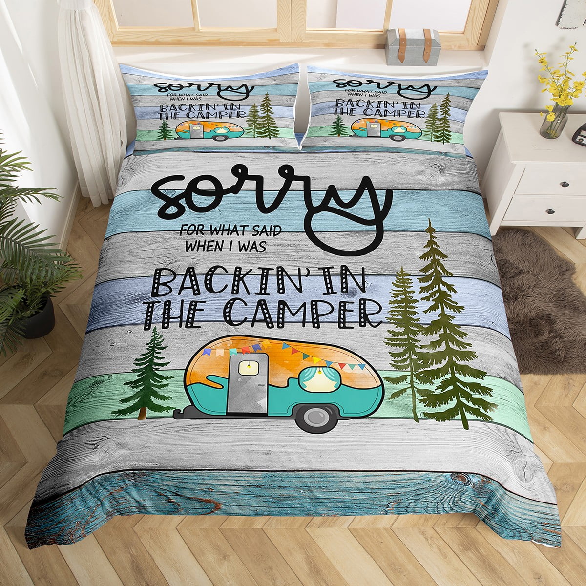 YST Farmhouse Queen Duvet Cover Happy Camping Bedding, Rustic Farmstyle