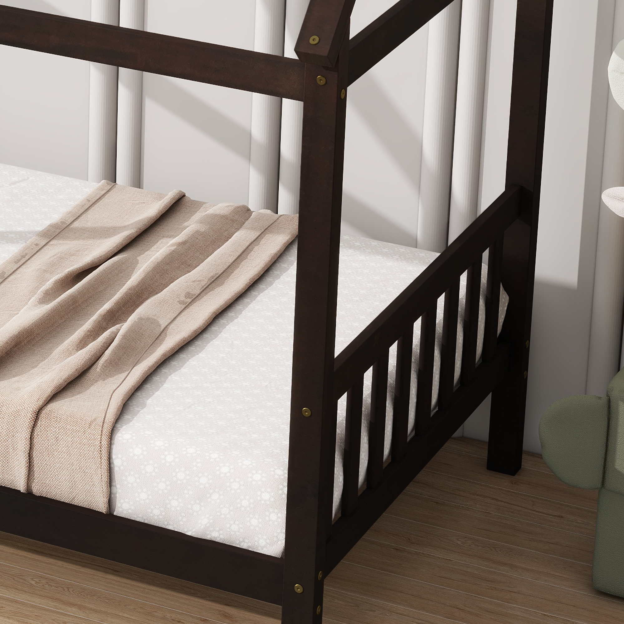 Miniyam Wood Twin Size Bed with House-shaped Design for Kids and Teens, Espresso