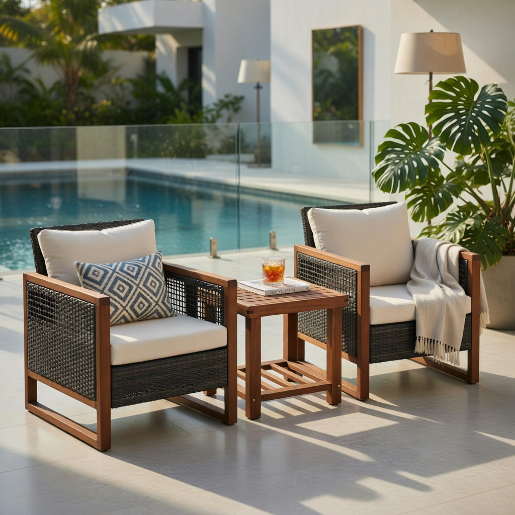 Hommoo 3-Piece Outdoor Wicker Patio Furniture Set with Washable Cushions, Acacia Wood Coffee Table, Modern Backyard Seating for Balcony, Garden & Deck, Beige