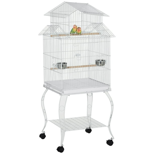 PawHut 53.9'' Grande Cage à Oiseaux en Acier Roulant Oiseau Maison avec Roues, Blanc