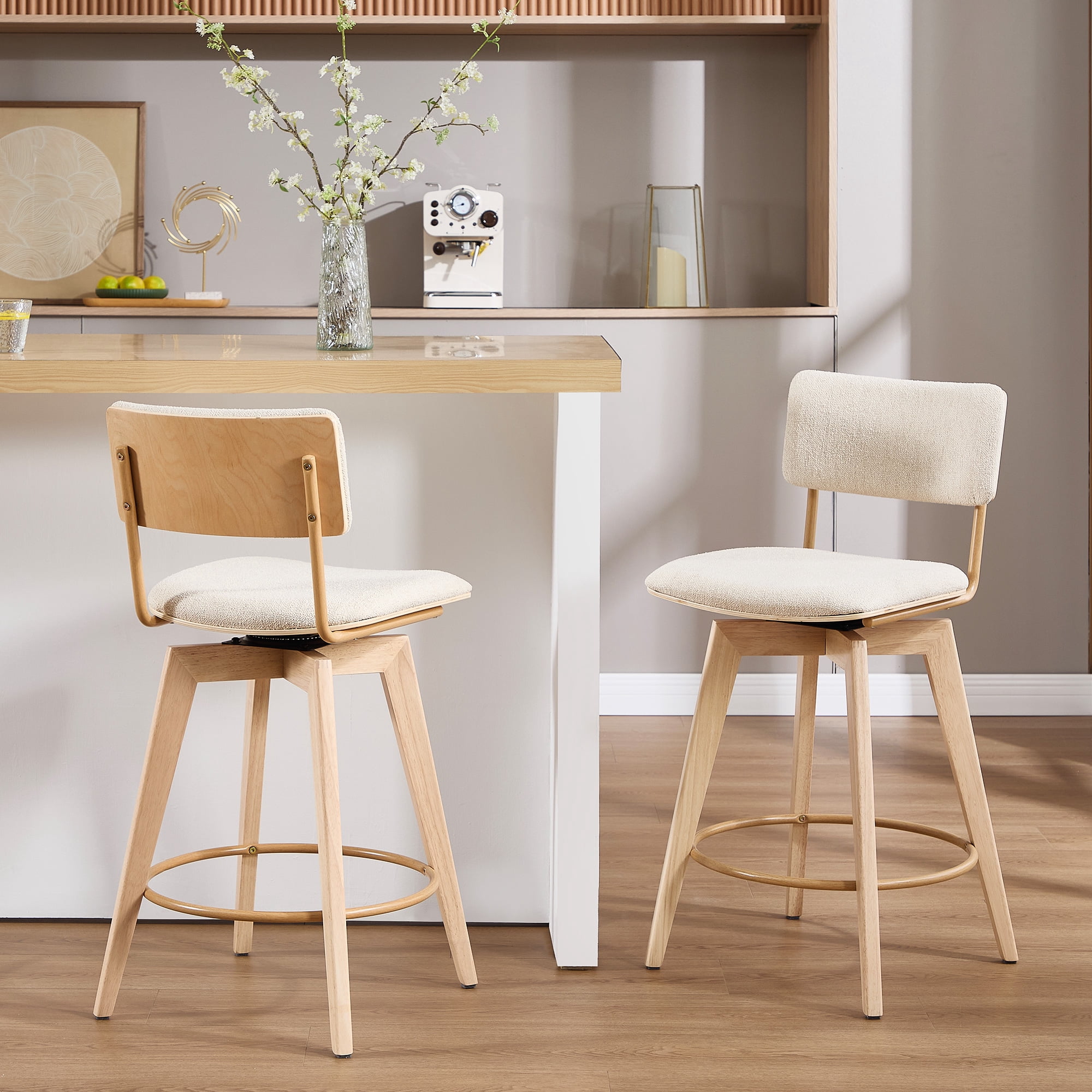 Zesthouse Swivel Counter Height Bar Stools Set of 2, 26" Upholstered Linen Barstools with Back and Solid Wood Legs, Mid Century Modern Bar Chairs, Island Stool for Kitchen Counter, Beige