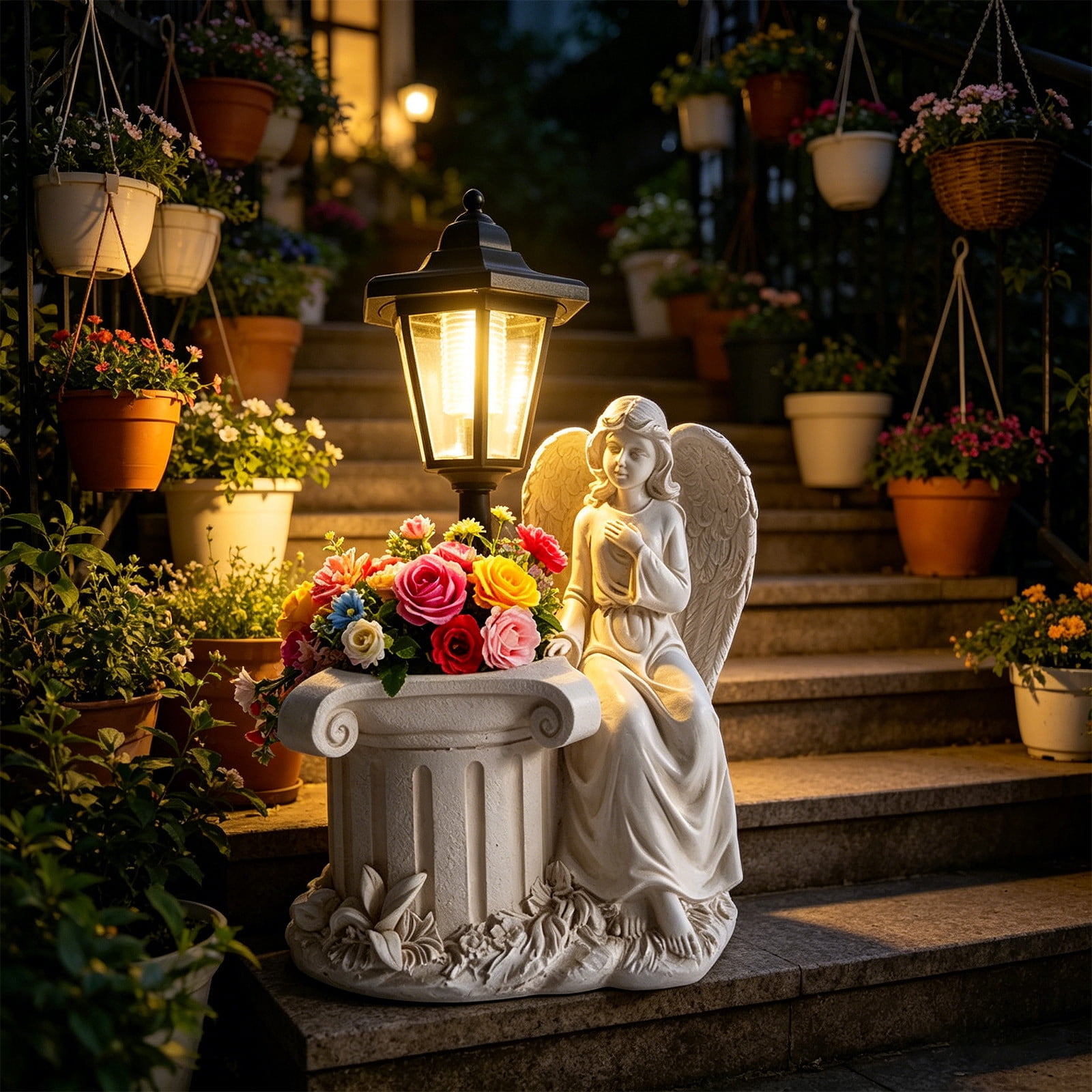 Angel Statue Solar Garden Light with Planter, Resin Outdoor Decorative Lantern, Weatherproof Sculpture Lamp for Patio, Yard, and Memorial Decor White
