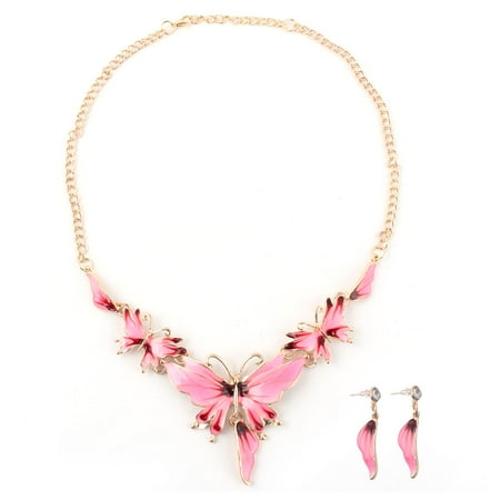 Butterfly Necklace Earrings Set - Lady Metal Vintage Style Butterfly Shape Chain Choker Necklace Earrings Set Pink