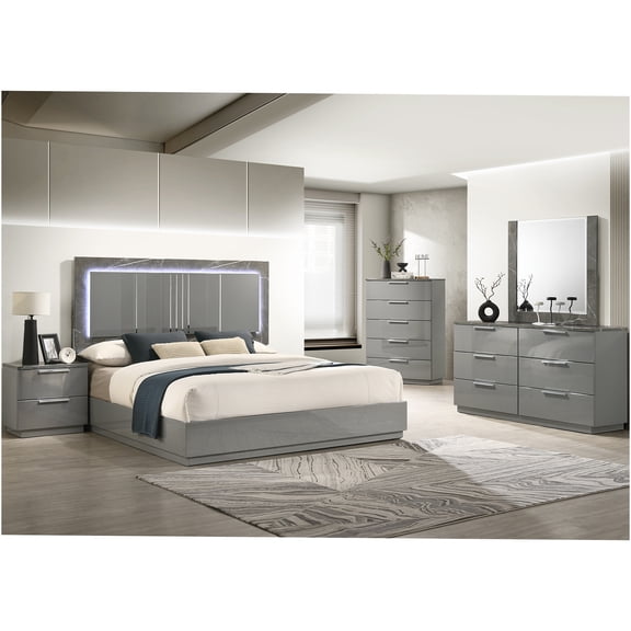 JERFIT Queen 5-Piece Bedroom Set with LED Headboard, High-Gloss Marble Finish, Dresser, Mirror, Nightstand & Chest, Gray Modern Storage Bedroom Furniture