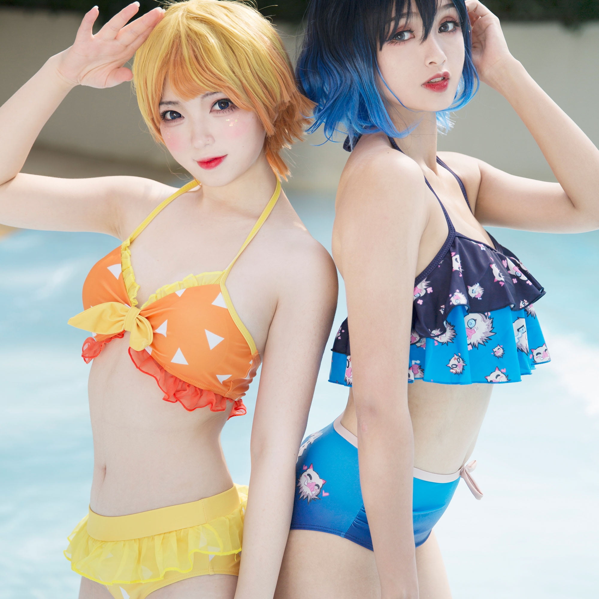 Women Two Piece Bikini Swimsuit Halter Neck Pink Anime Swimwear Ruffle  Splitted Bathing Suit
