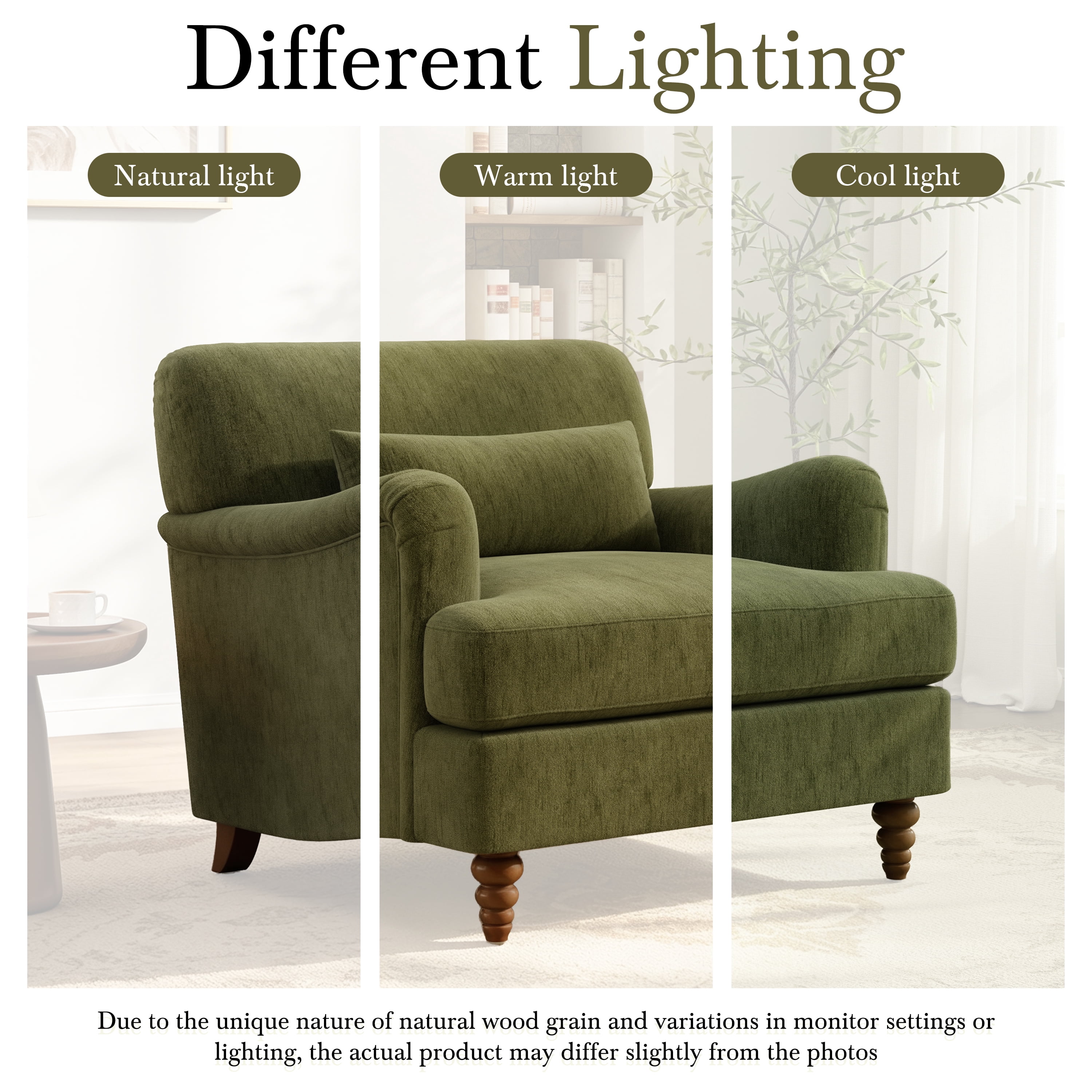 GARITIN Oversized Accent Chair 40.5 Inch, Modern Upholstered Armchair with Lumbar Pillow and Turned Wood Legs for Living Room, Green