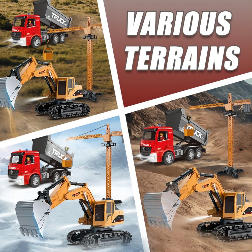 TZDZRC 1:22 6-Channel RC Excavator with Light, 6-Channel RC Dump Truck and Crane Tower 3 in 1, 2.4GHz 12 Meters Remote Control Distance, Toys for Children