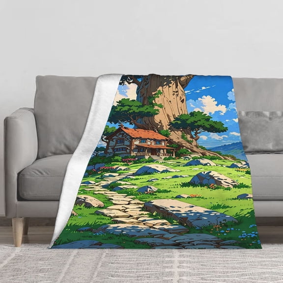 Soft Fleece Throw Blanket, Anime Countryside Cottage Under Giant Tree, Whimsical Green Hills Fantasy Nature Illustration Decor Throw Blanket