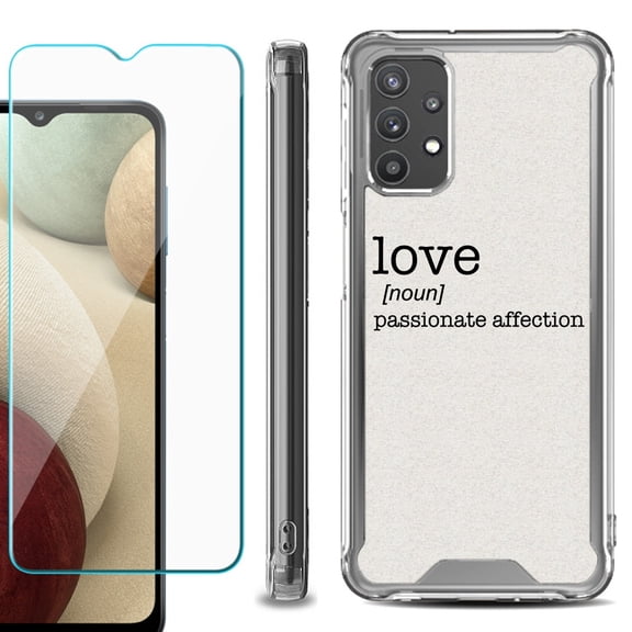 Shockproof Bumper Phone Case for Samsung Galaxy A32 5G, with Tempered Glass Screen Protector, by OneToughShield ® - Dictionary/Love