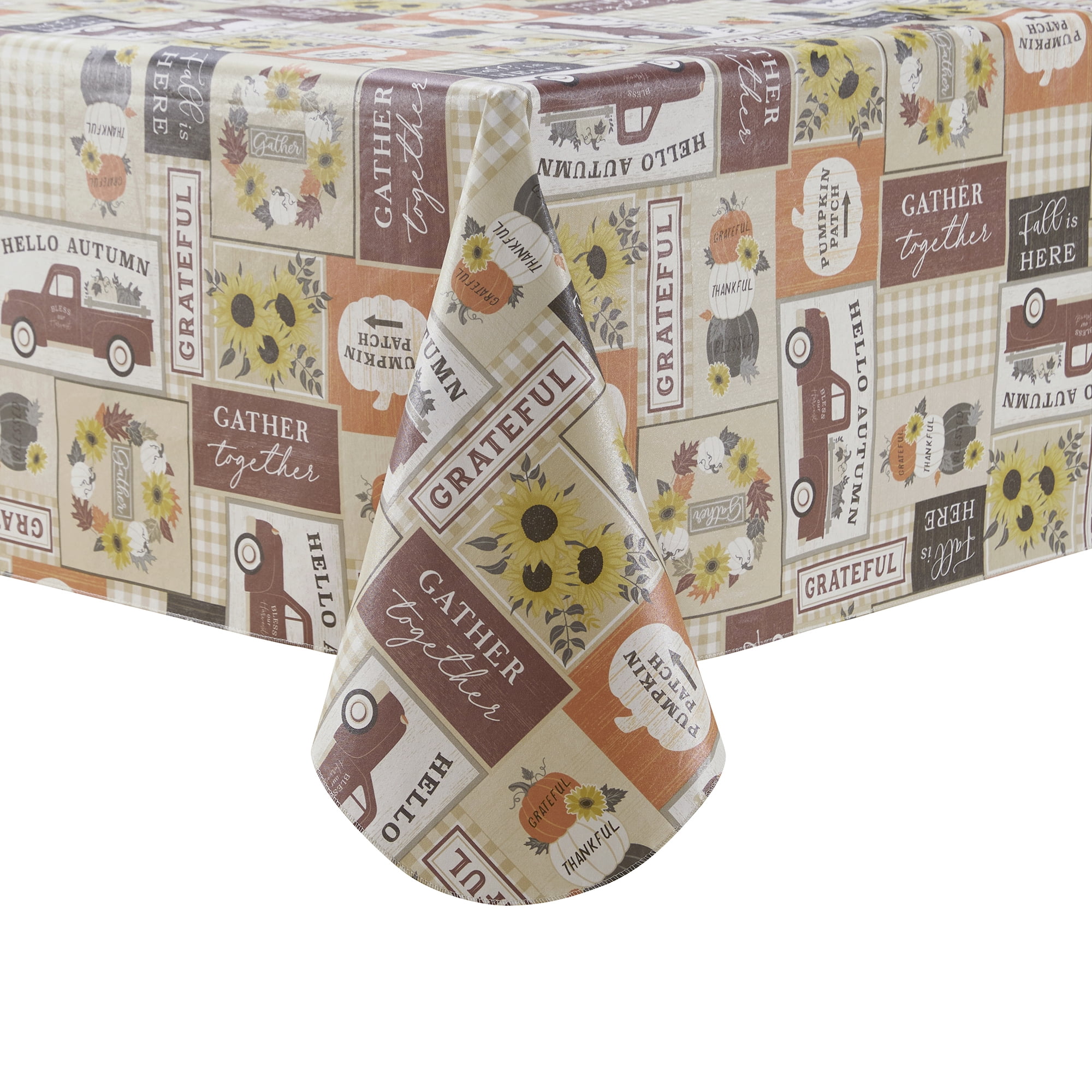 (2 pack) Way To Celebrate Harvest Autumn Patchwork Peva Tablecloth, Fall Décor 70" Round - Beige