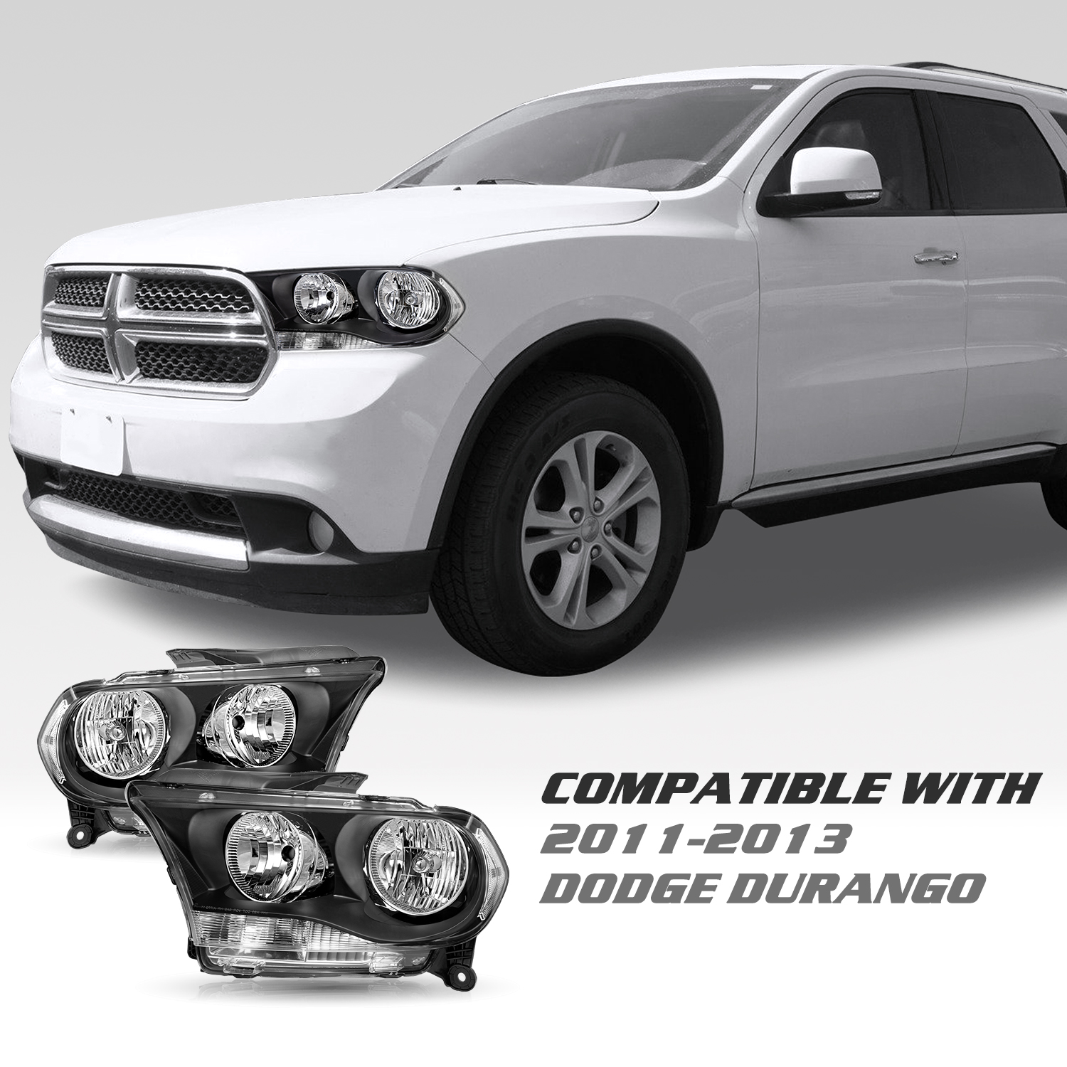 BRYGHT-For 2011 2012 2013 Dodge Durango Headlights Black Housing Clear Headlamps Pair