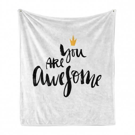 Saying Soft Flannel Fleece Throw Blanket, Ink Lettering You Are Modern Brush Calligraphy and a Crown on Top, Cozy Plush for Indoor and Outdoor Use, 50" x 60", Black White Yellow, by Ambesonne