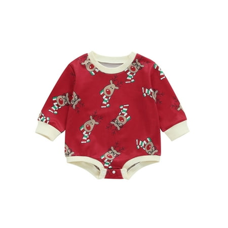 

Sunisery Toddler Baby Boys Girls Christmas Romper Cute Deer Print Long Sleeve Round Neck One Piece Bodysuit Jumpsuit Red 12-18 Months