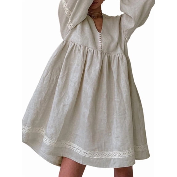 Women'S Cute Loose Babydoll Dress Lantern Long Sleeve Lace Trim Mini Dress Khaki L