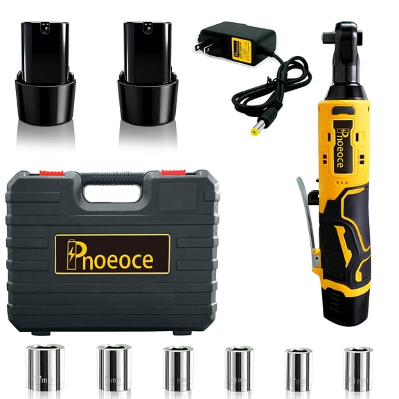 Pnoeoce 12V Cordless Ratchet Wrench, 3/8-Inch Extended Long Neck Electric Ratchet Tool Set, 88 ft-lbs (120 Nm) Max Torque, 2 x 2.0Ah Batteries, 6 Sockets, LED Light, Variable Speed