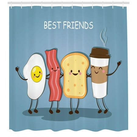 Bacon Shower Curtain, Cute Image of an Egg Bacon Toast Bread and Cup of Coffee as Morning Best Friends, Fabric Bathroom Set with Hooks, 69W X 70L Inches, Multicolor, by
