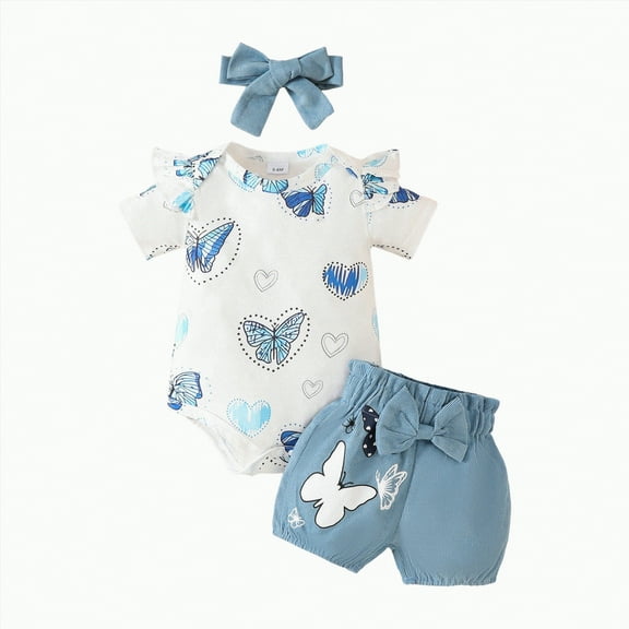 TOWED22 Newborn Baby Girl Summer Clothes Bow Embroidery Short Sleeve Romper Bodysuit Ruffle Shorts Headband 3Pcs Set Cute Outfits(Sky Blue,12-18 M)