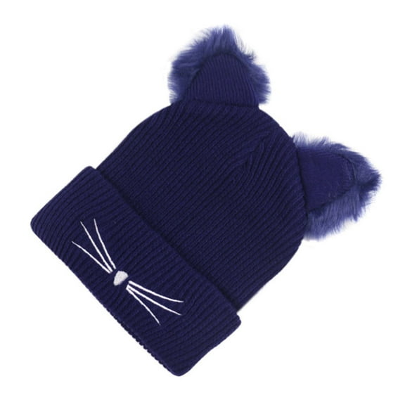 FAWUUDO Women Girls Cute Cat Ears Beanie Hat Winter Crochet Knit Cap Navy
